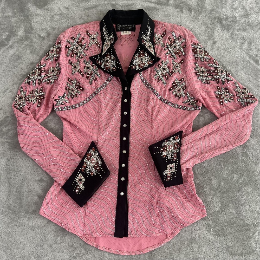 Showtime Collection Pink and Black Western Embellished Button-Down Shirt